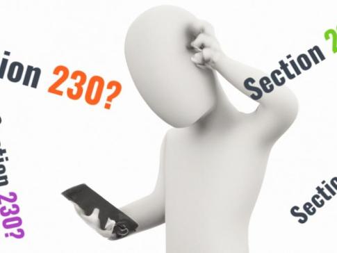 An illustration of a confused person on a cellphone with the text "What is Section 230?" appearing around the person's head