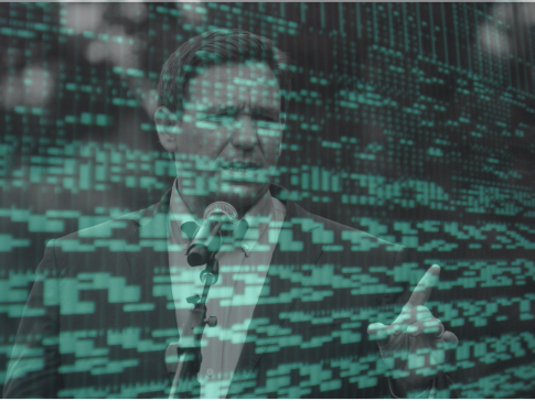 An illustrated image of a glitchy computer screen and ron desantis