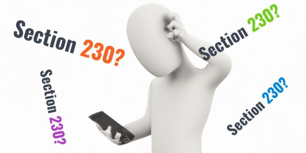 An illustration of a confused person on a cellphone with the text "What is Section 230?" appearing around the person's head